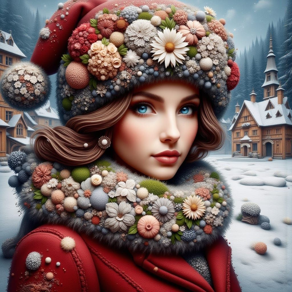 Elegant Russian Woman in Floral Winter Hat, Oil Impasto Styl...