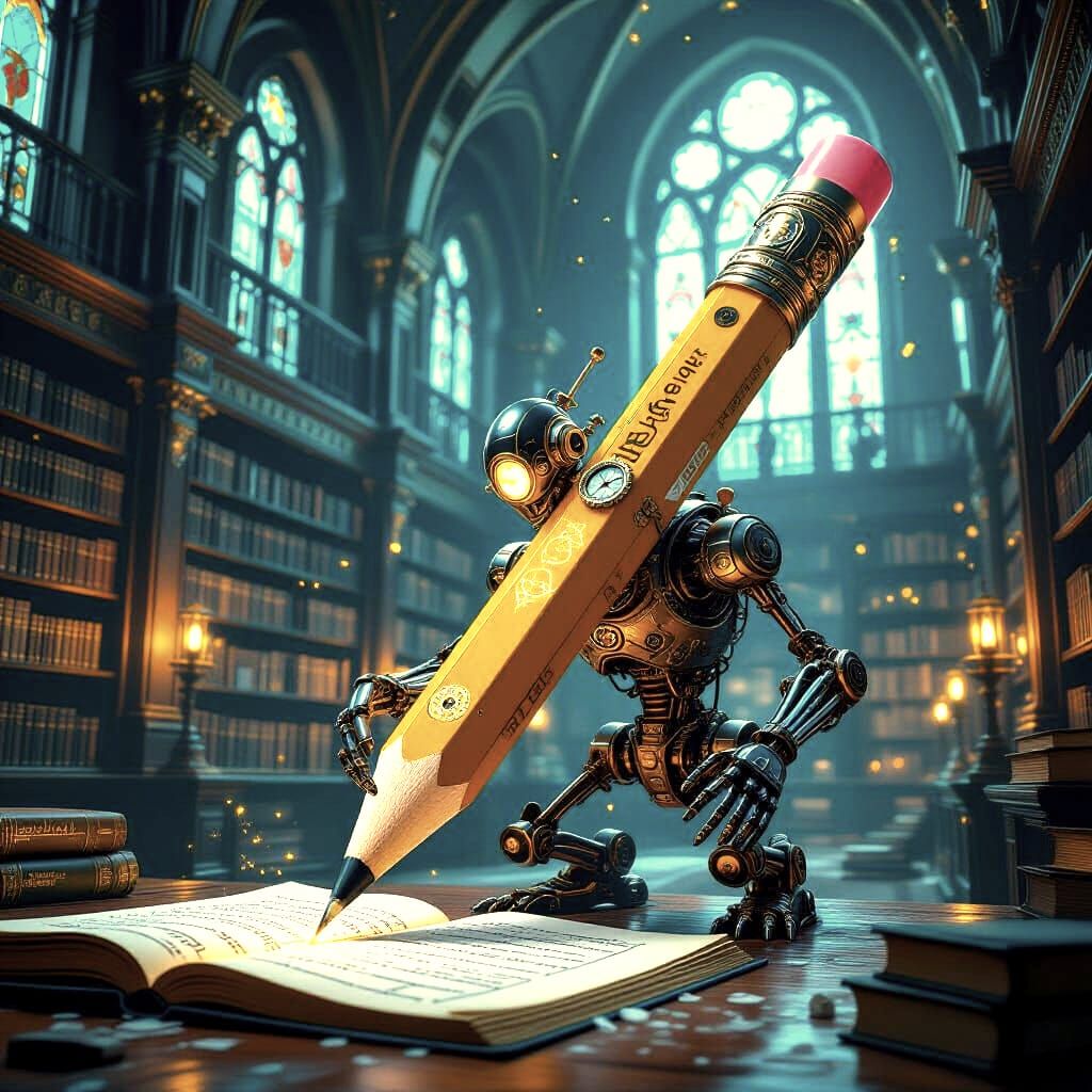 Fantasy concept art. A biomechanical living pencil with intricate clockwork limbs, steampunk influence, and glowing arcane symbols. meticulo...