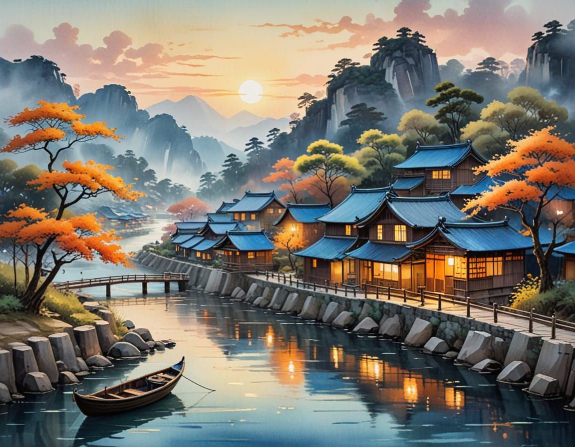 Surreal Japanese Watercolor Landscape with Vibrant Colors