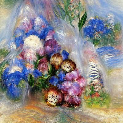 Peonies and delphiniums and lilacs in a bouquet impressionis...