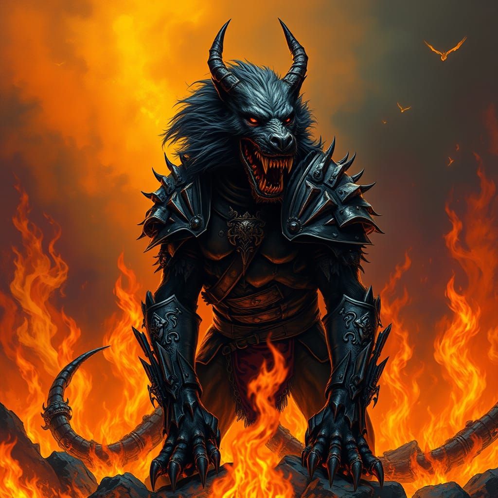 Cerberus , guardian of Hell standingthere in the infernal flames. The scene is rendered in deep, complementary colors with meticulous detail...