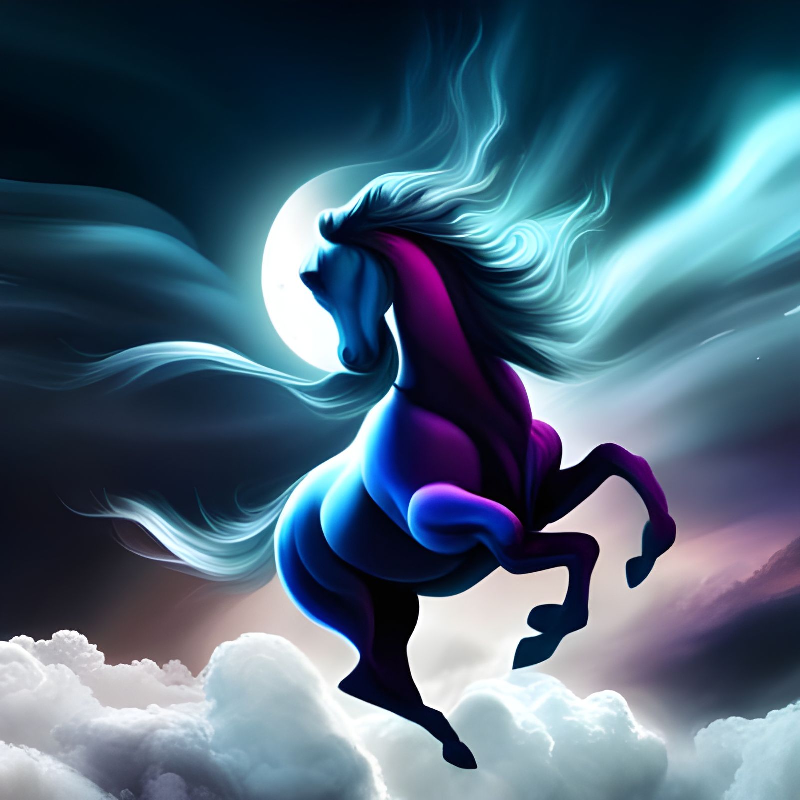 flying horse, dark blue dark purple black, ominous sky, cumu...