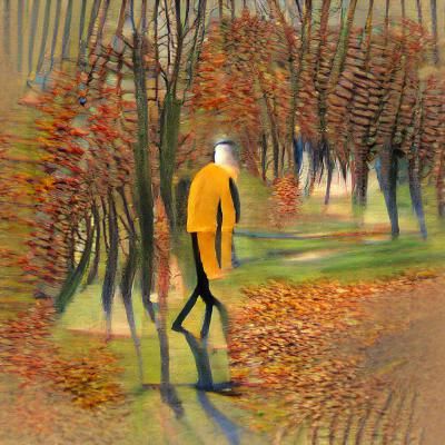 Walking man between trees on an autumn day