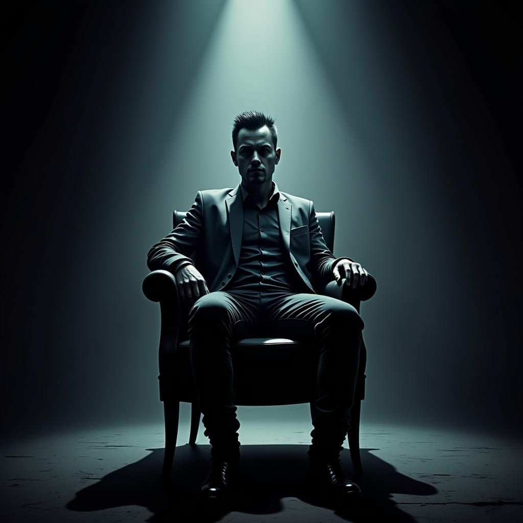 <lora:Glitchcore Flux:1.0> A man sitting in a chair staring intently at the viewer, spotlight volumetric lighting, smoky mist