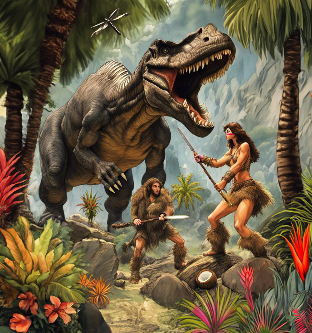 Caveman, Cavewoman, and a T-Rex - AI Generated Artwork - NightCafe Creator