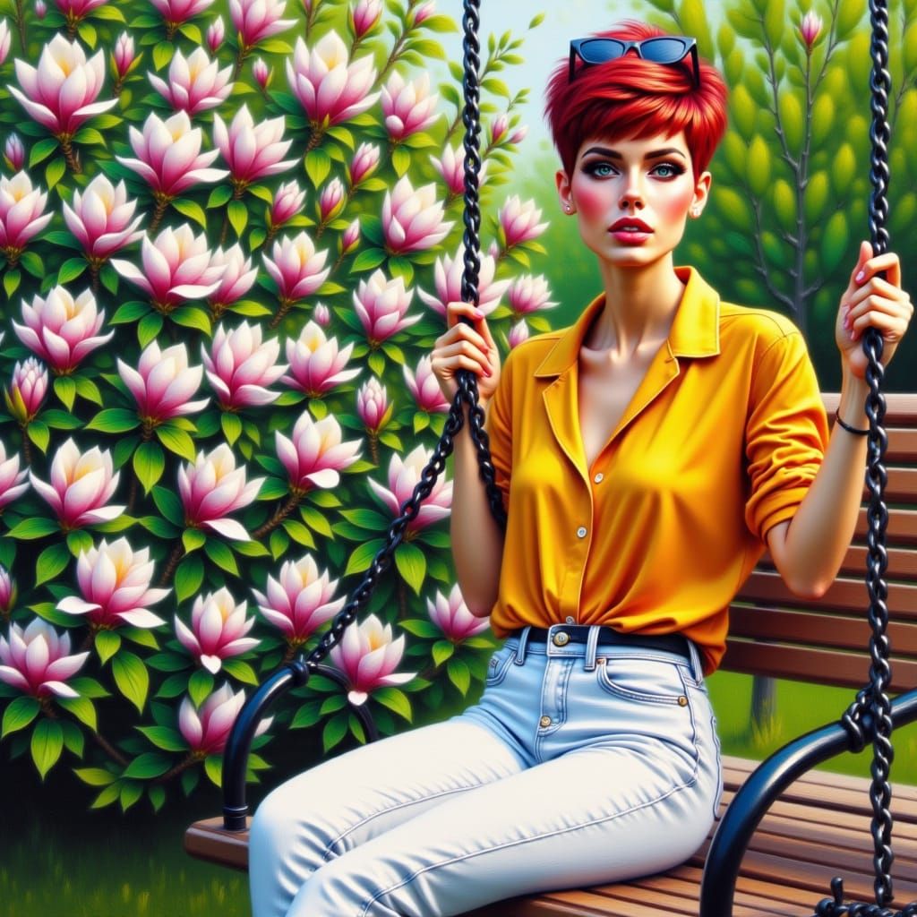 <lora:Beautiful Art Flux:1.0> a realistic oil painting with thick impasto brushstrokes of beautiful plants in a park. A lady sits on a swing...