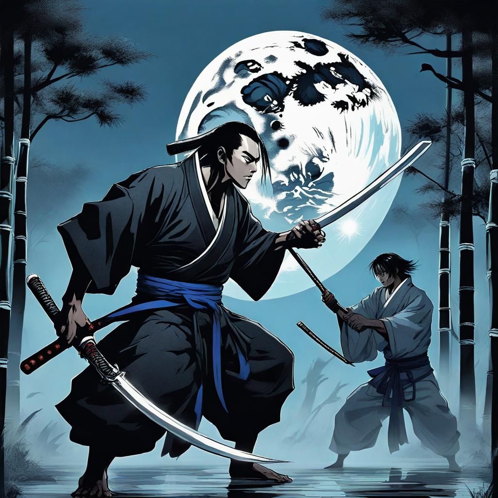 A martial artist wearing black kimono , foggy ,dark and ther...
