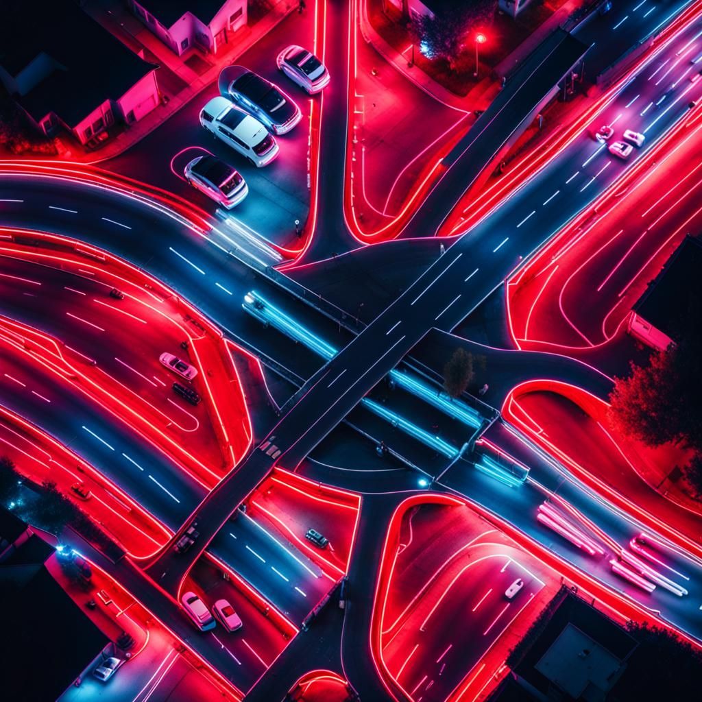 overhead drone , looking down on a junction on a road , blue light, red faded traffic light, time lapse