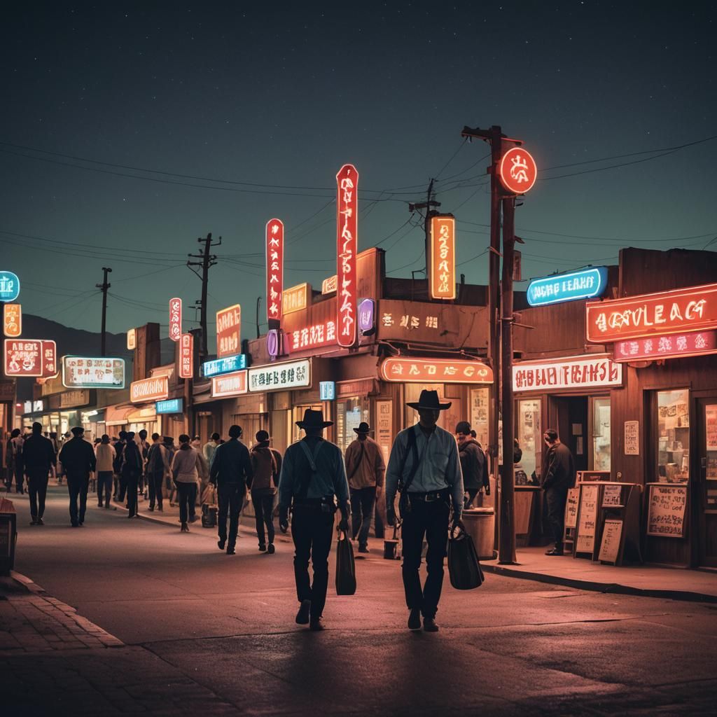 Neon shines in the desert everywhere, people wander through ...