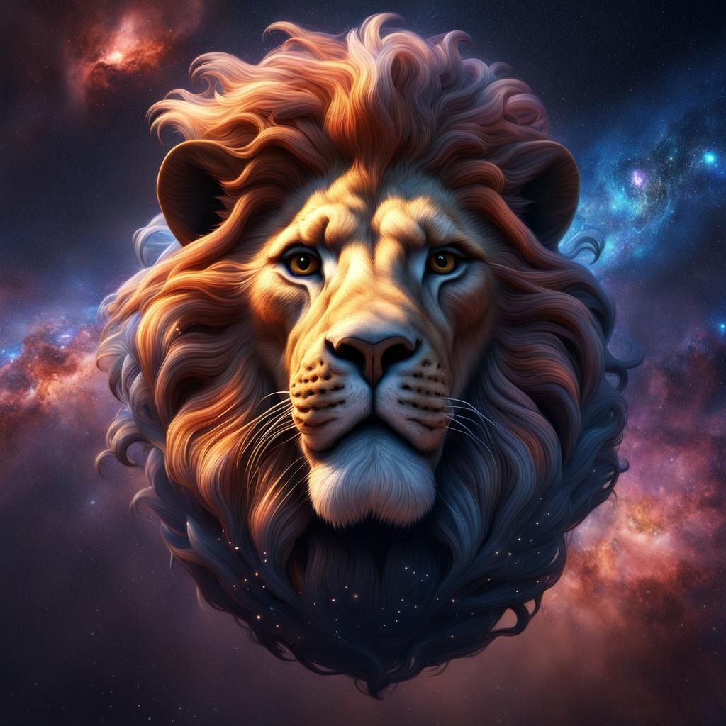 A Lions head with a starry galaxy swirling around it