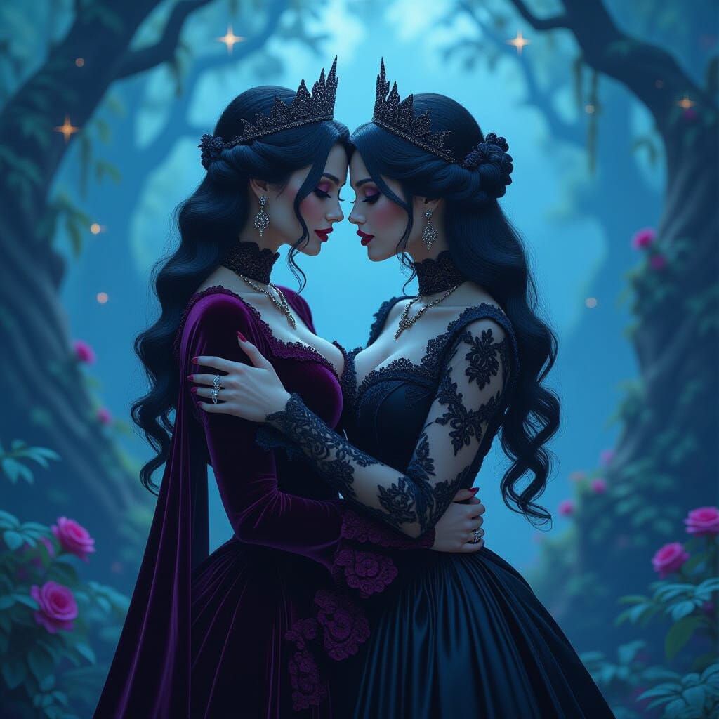 Goth Queens Embrace in Mystical Forest, Matte Painting