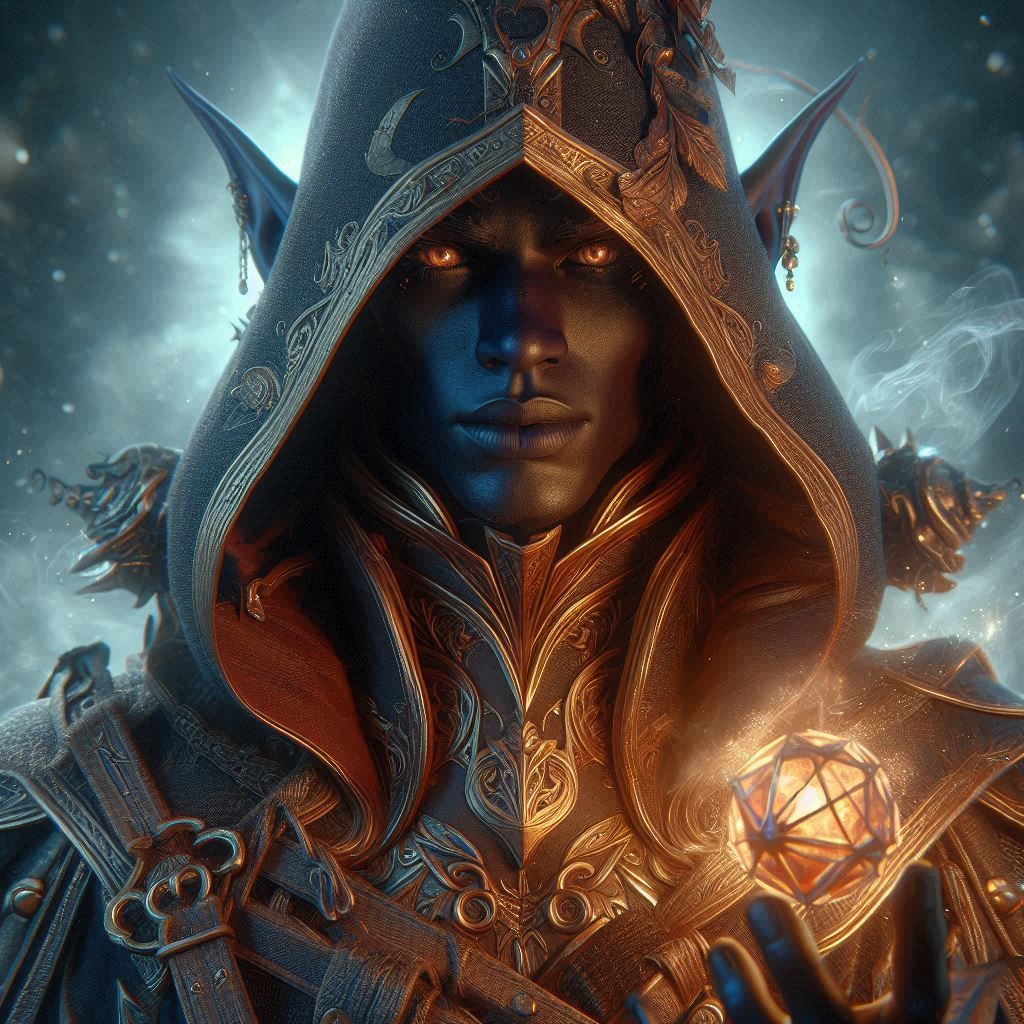 a dark-skinned Drow elf as a mage. D&D style. epic. 3D shadi...