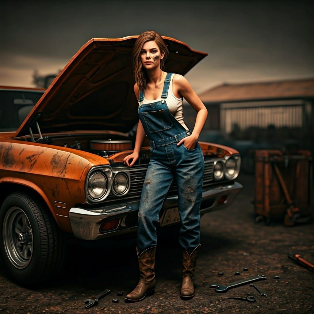 Realistic, hometown USA, country girl in overalls, pinup girl, grease