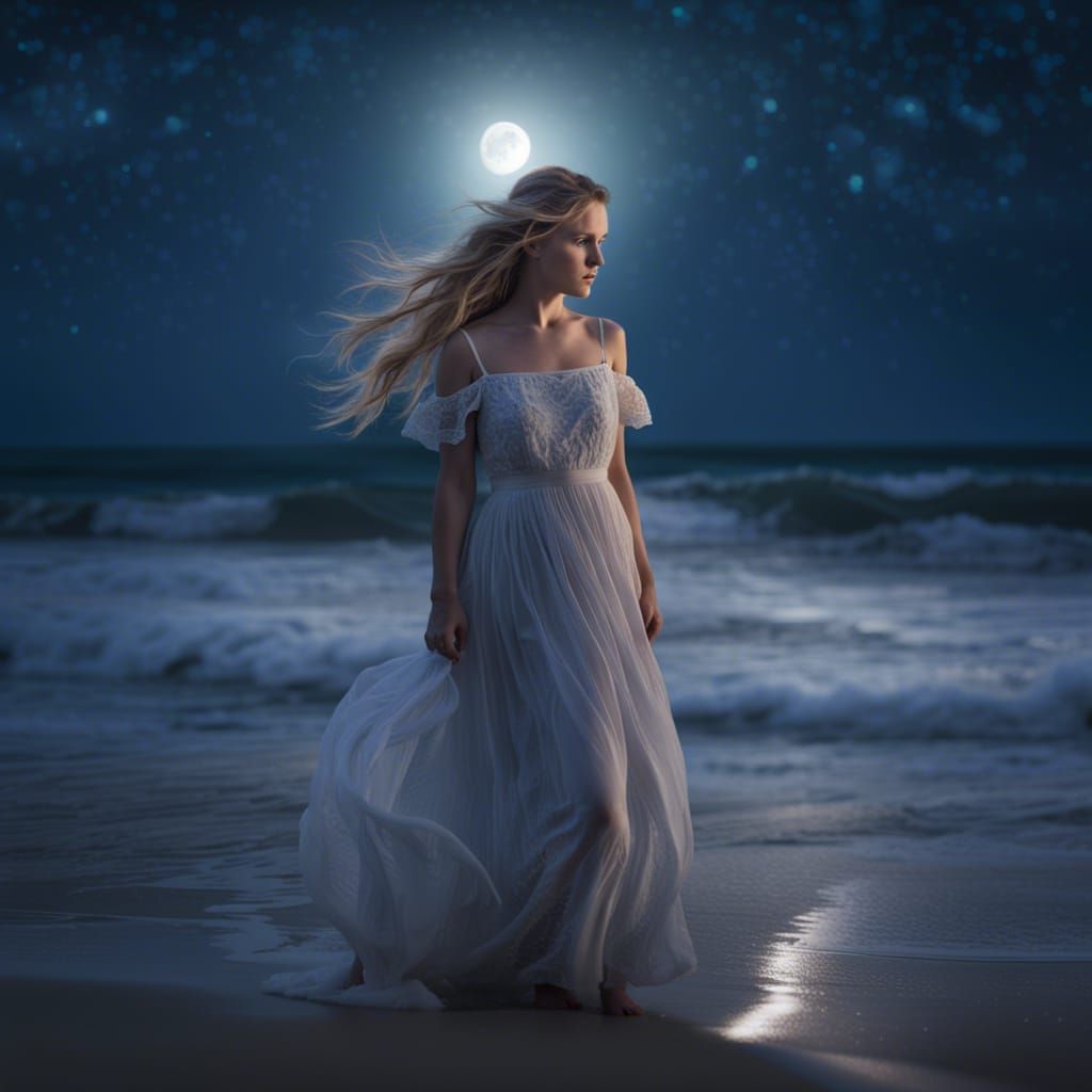 Anmutige schöne junge Frau ethereal in langem Kleid steht in der Nacht