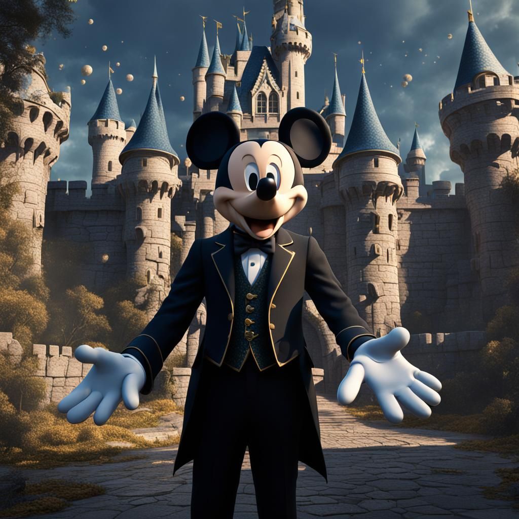 Mickey Mouse in a black suit in a castle