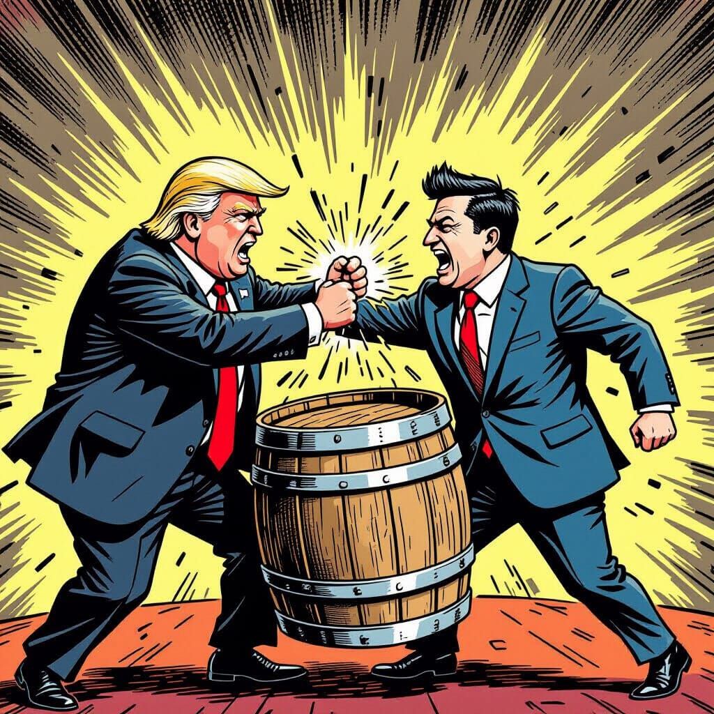 Furious Trump Throws Barrel at Zelensky in Political Cartoon...