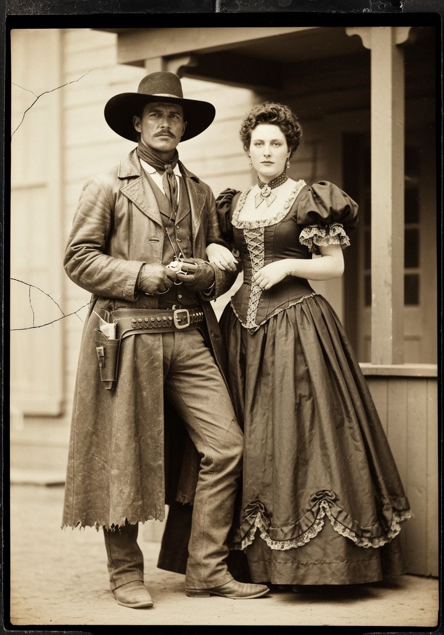 1800’s Old grainy sepia tin-type Portrait of a raucous gunslinging cowboy with his floosie at the Long ...  by @Loving the Impressionists