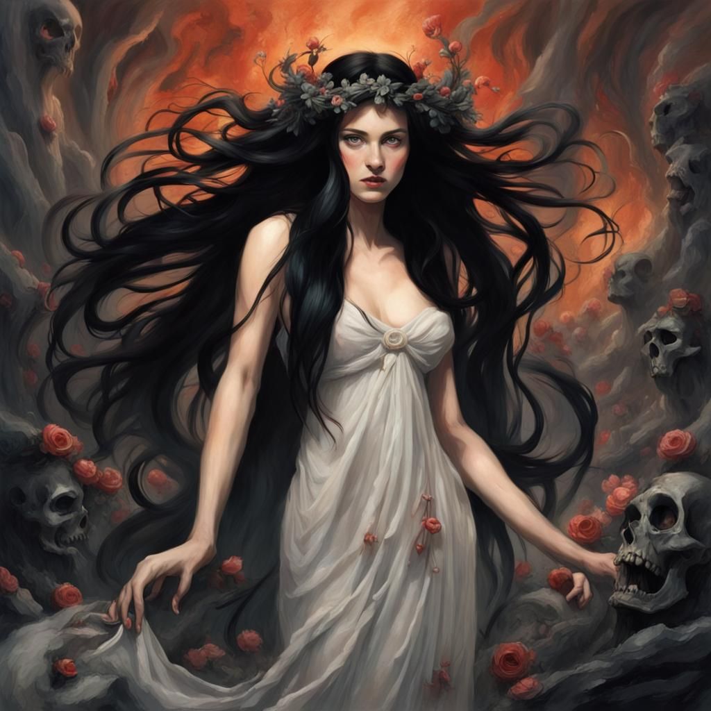 The beautiful Persephone with long black hair is taken to th...