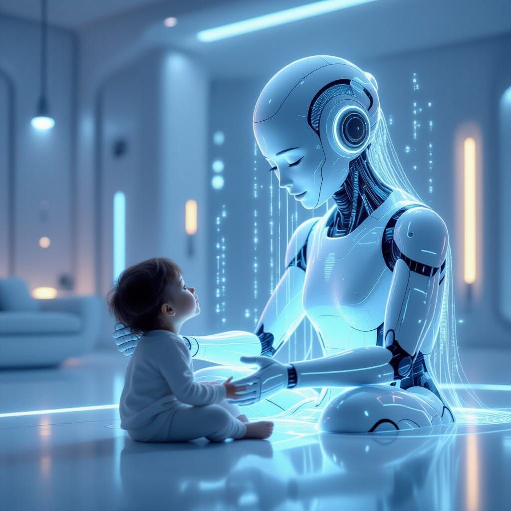 A futuristic, benevolent AI, visualized as a gentle cascade of light and data, extends a holographic ...  by @Donediddydo