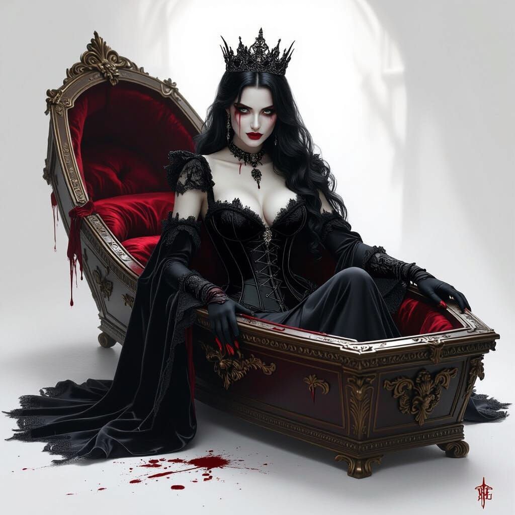 Goddess Jolie as a Vampire in  black corset with a cape sitting cross legged in a coffin blood droplets on her cheeks 