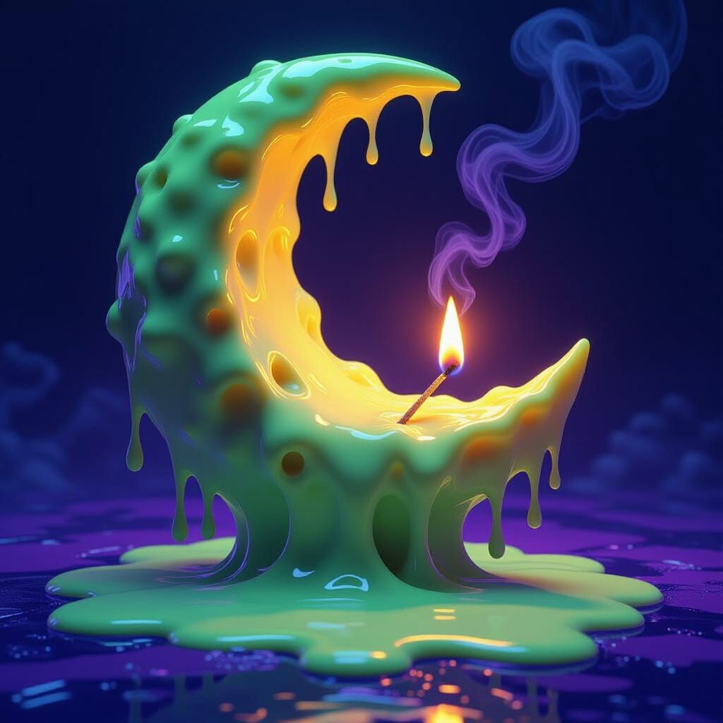 A melting, dripping moon made of green cheese. The cheese is soft and gooey, oozing downward. A lit match ...  by @Anny