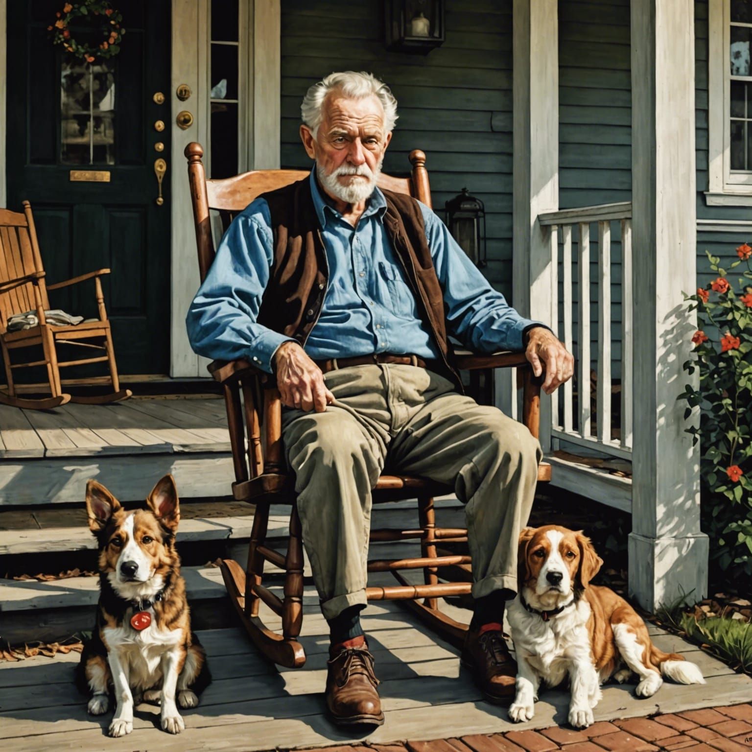 An old man sits in a rocking chair on his front porch, his dog lays at his feet, in the style of Norman ...  by @Wim