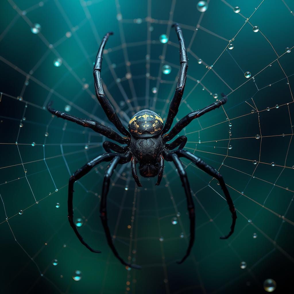 A hyperrealistic black widow spider in her web.