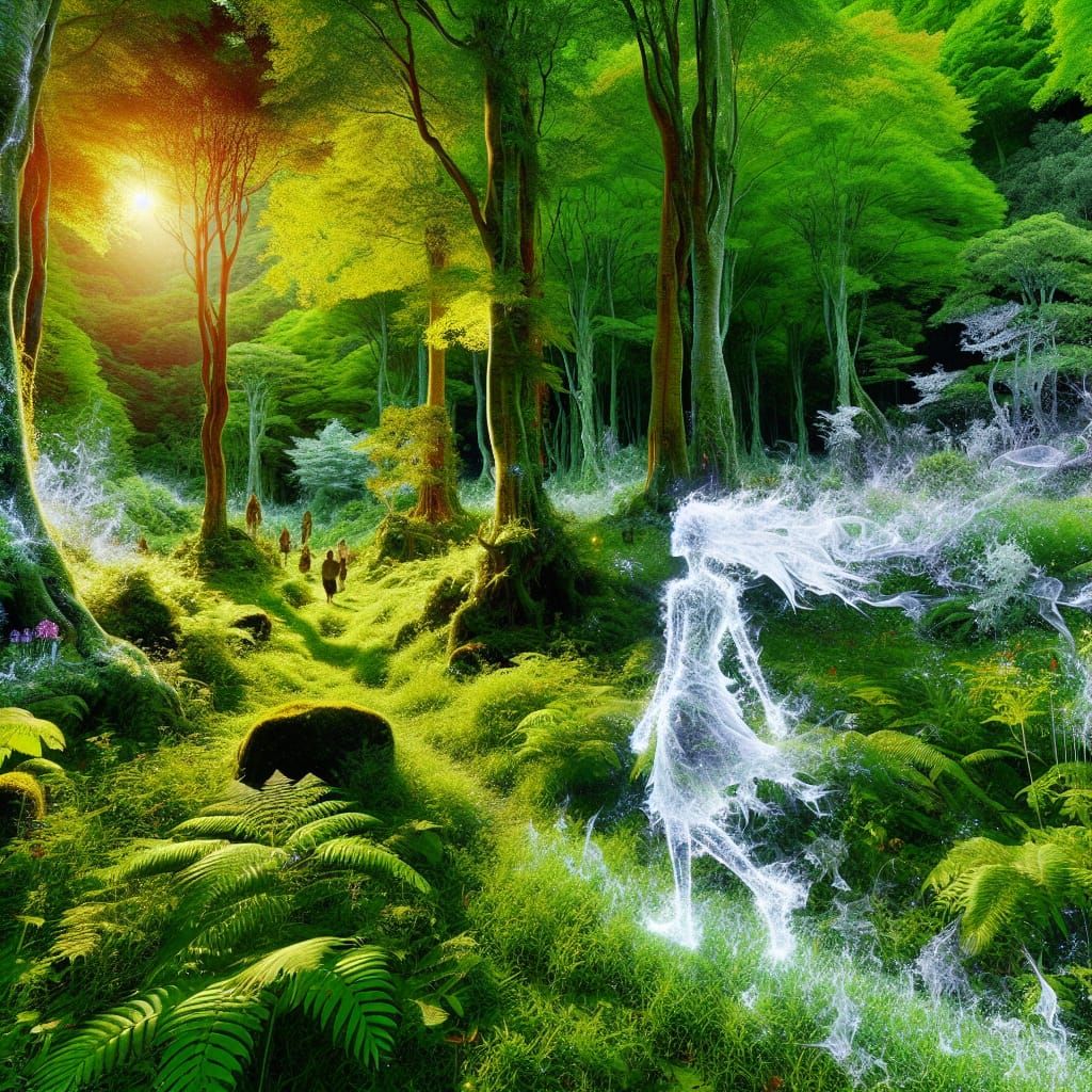 Girl made of mist walking in a green green forest, wispy, et...