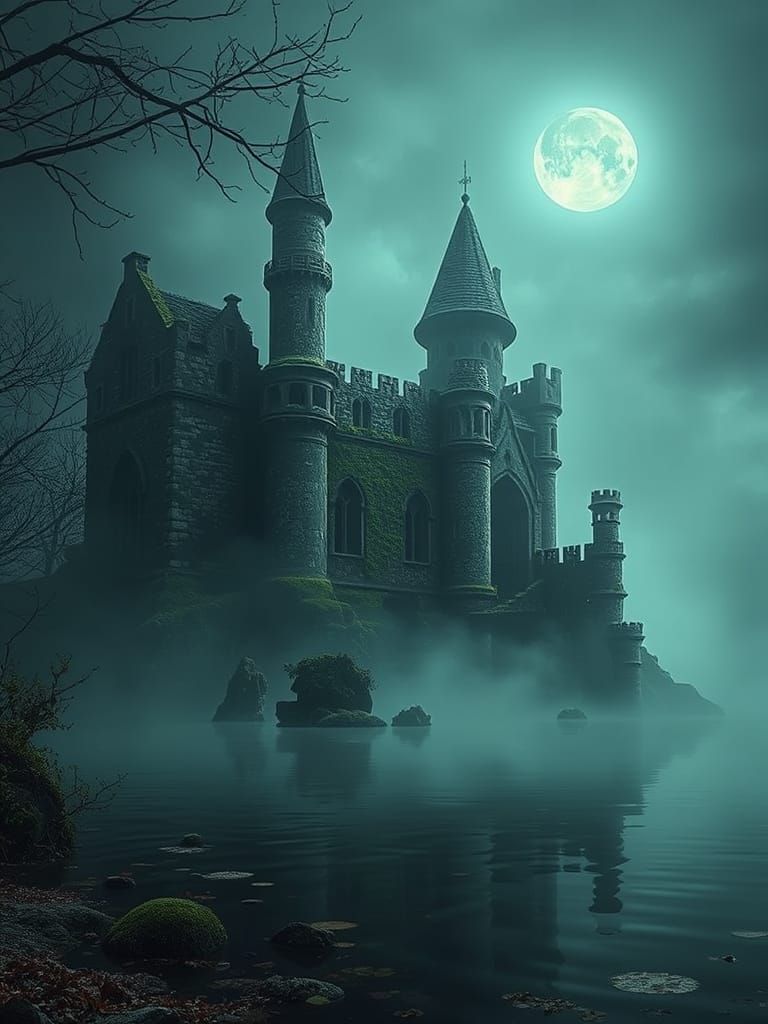 castle, half-submerged in a mystical lake