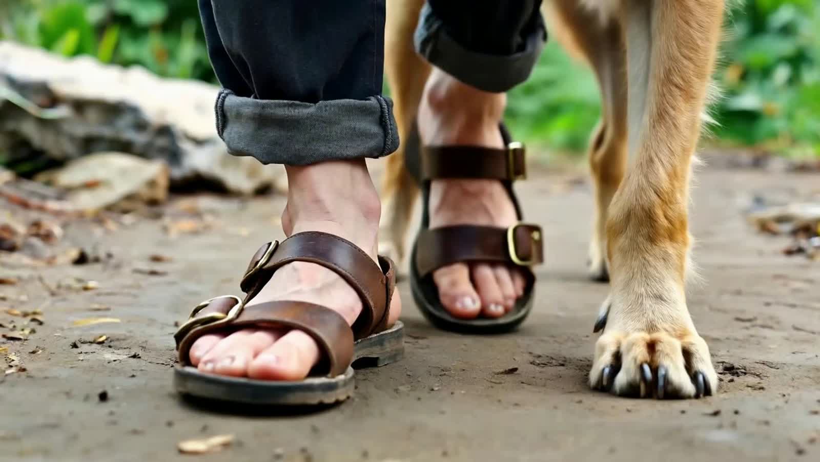 A close-up portrait of the Monk's feet (sandals) and the Dog's paws walking side-by-side