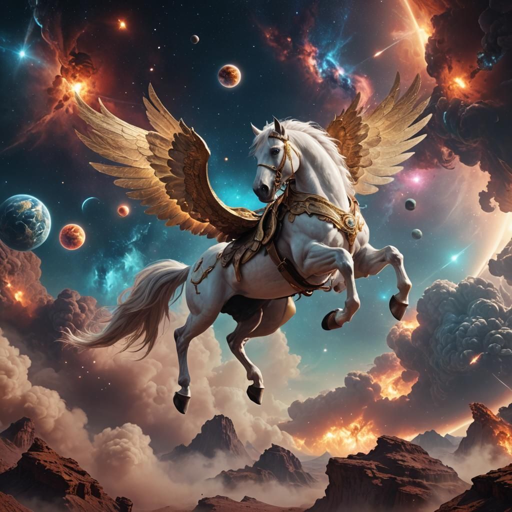 Four legged Pegasus flying through the sky with a planet and...