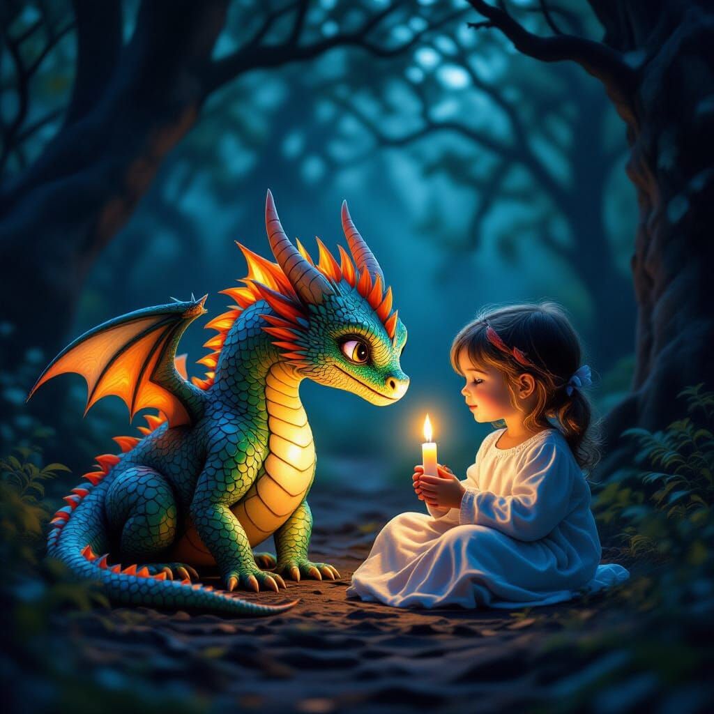 Small Dragon with Glowing Scales Meets Girl Holding Candle