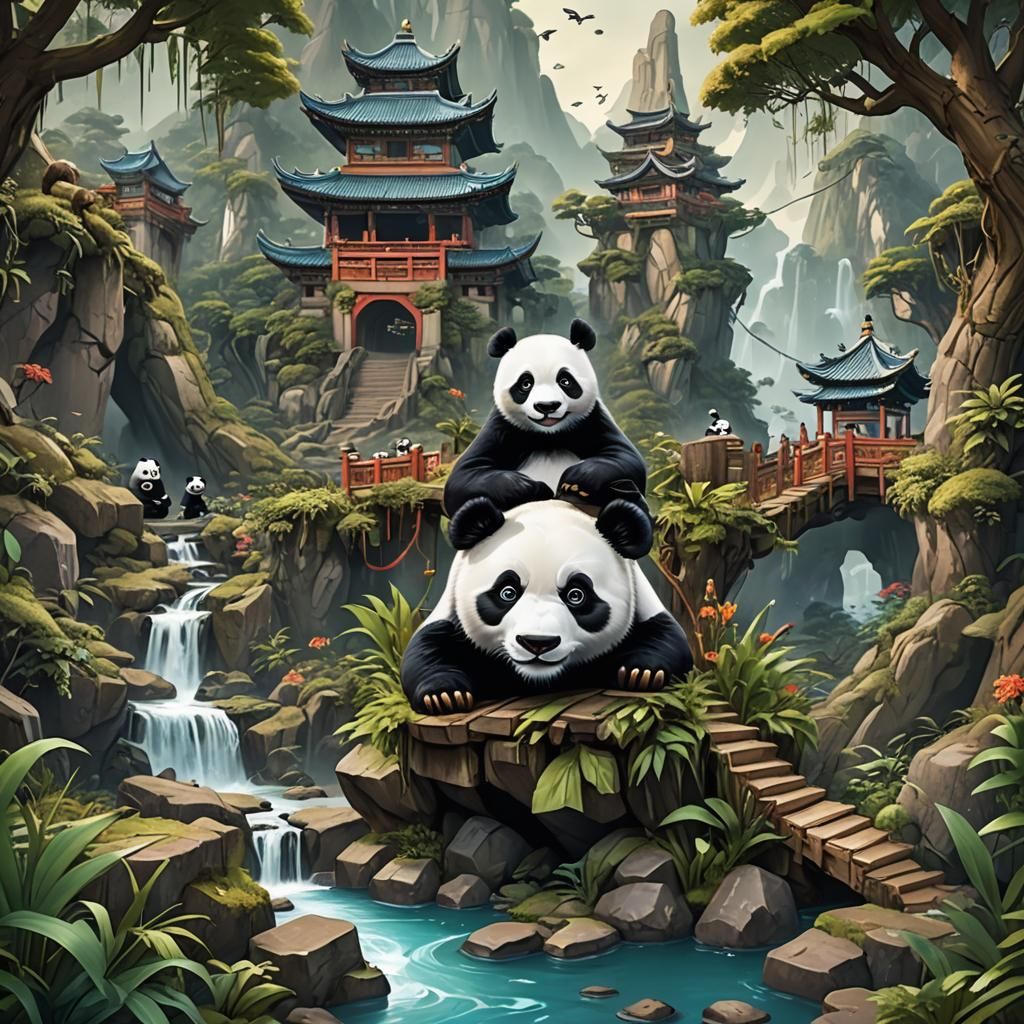 pop-up style book, Story about pandas
