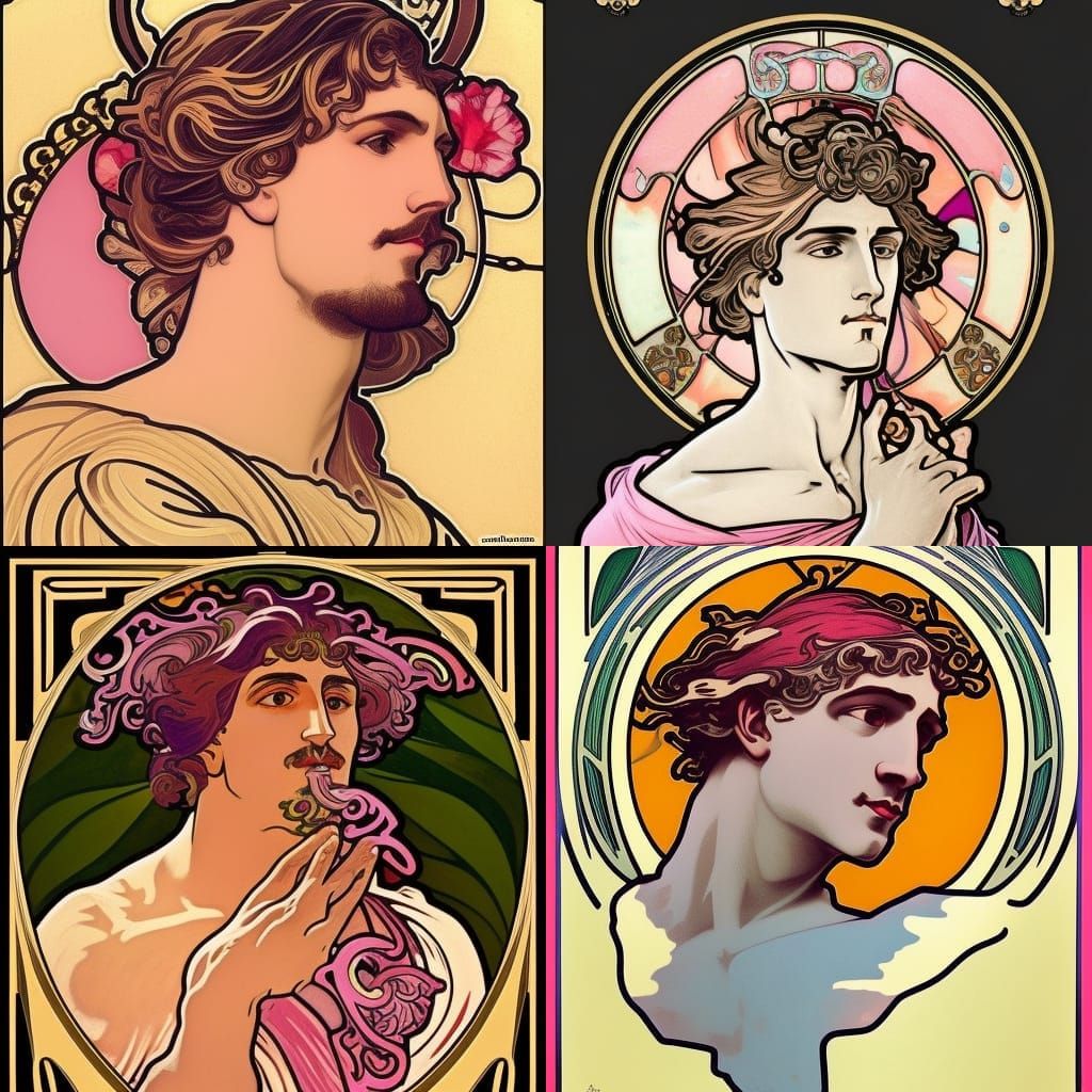 Man, elegant, art nouveau, Alphonse Mucha, bright, colorful, detailed ...
