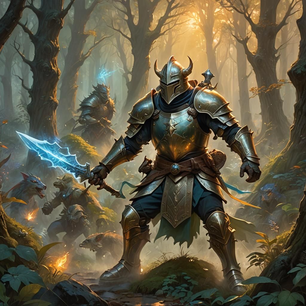 Paladin Edmund battling kobolds with sword and shield.  by @Wildlife51