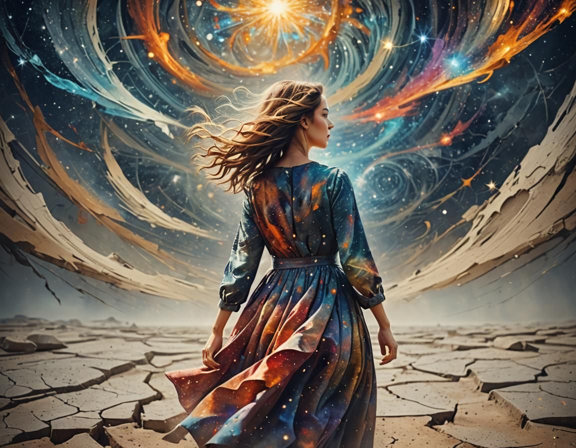 Surreal Woman Against Wind and Star Explosion