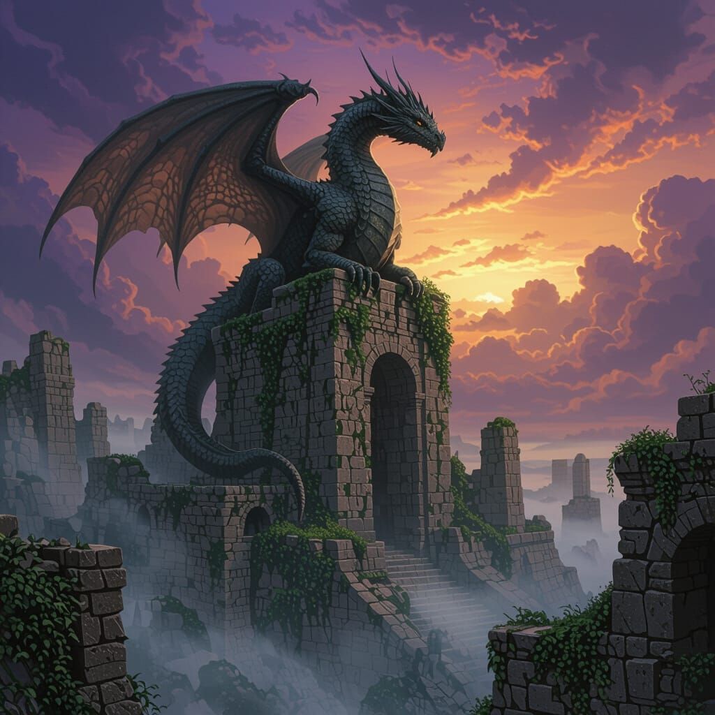 A colossal, ancient dragon with scales like weathered stone, perched atop a crumbling, vine-choked ruin that was once a ...