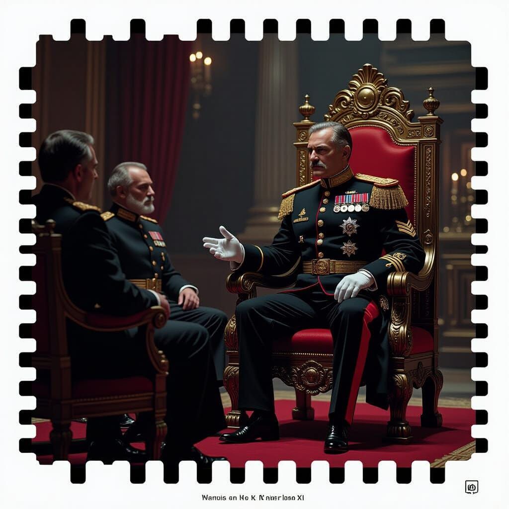 a stern dictator seated on a throne. He is talking with his advisors