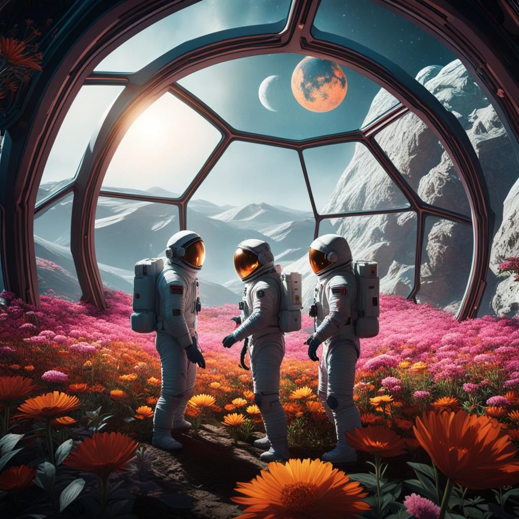 Three men in spacesuits tending to the flowers in a geodesic...