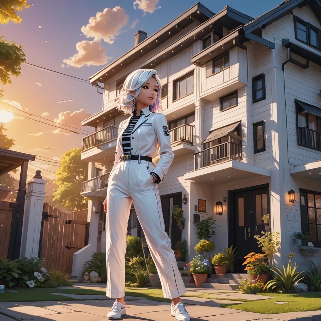 Chibi cartoon woman sitting on the porch with a white pant s...