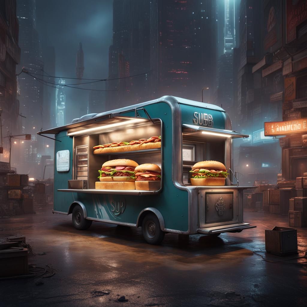 Futuristic food truck that sells sub sandwiches in a dystopian ...