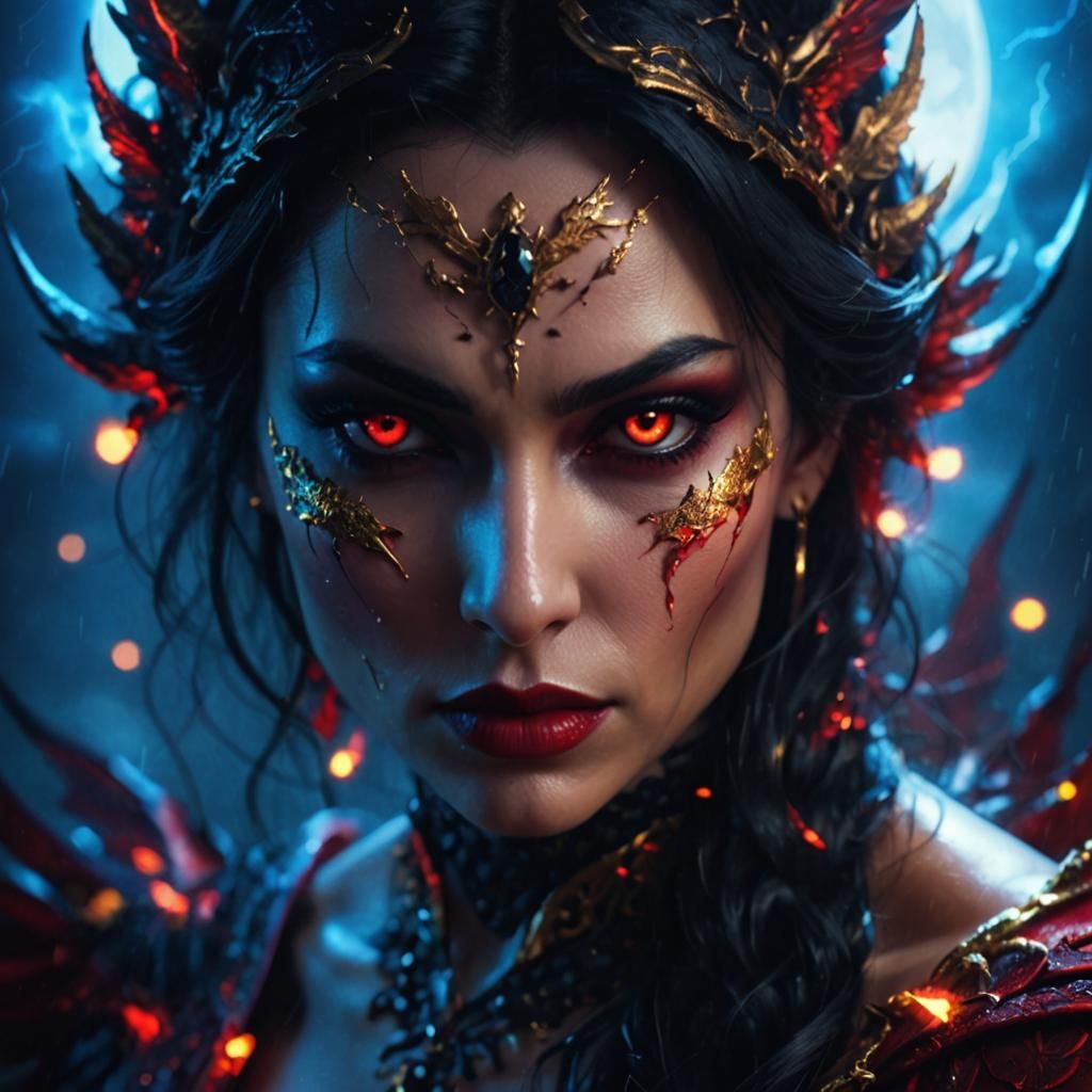 Vampiress, demoness, exotic, wings, moonlight, raining, ligh...