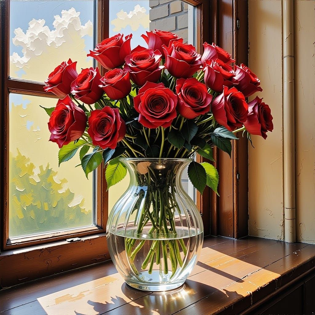 Impasto Red Roses in a clear Murano vase next to window, volumetric lighting <lora:Impasto Paint:1.0> 