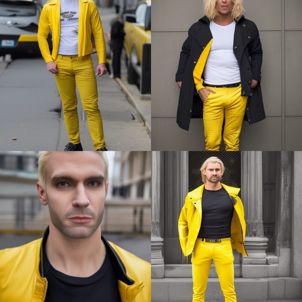 A blonde buff man, with a yellow jacket and black tight shirt underneath,  he wears yellow trousers, pointy shoes that curl up at the end, he... - AI  Generated Artwork - NightCafe Creator