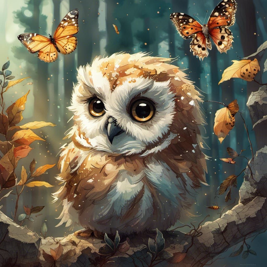 Baby Owl And Butterflies   by @AlphaArt