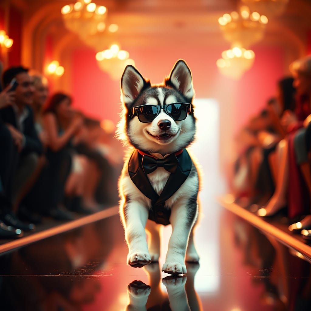 Husky puppy in a tuxedo and sunglasses modeling on the runway  by @ISPI AI Art