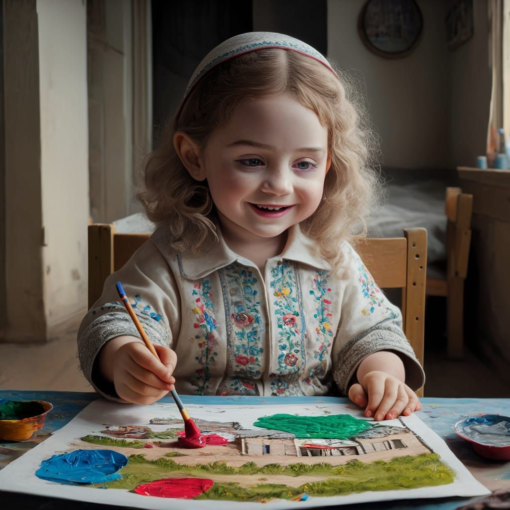 A Jewish Girl Paints in a Cozy Children's Room