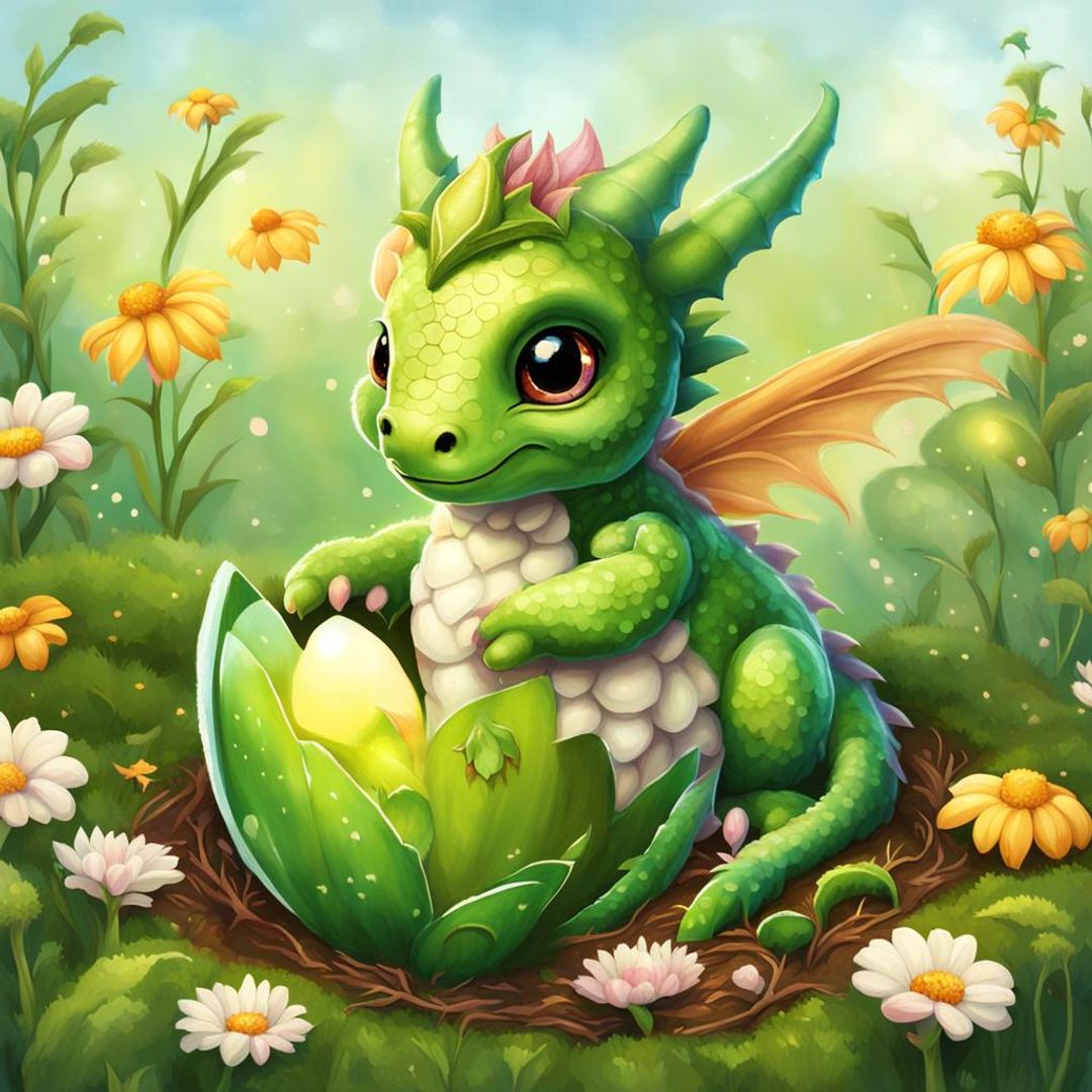 Cute baby fairy dragon with gauzy fairy wings hatching in a meadow ...