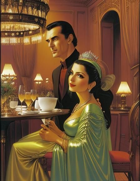 Two aliens on a date in a fancy restaurant.