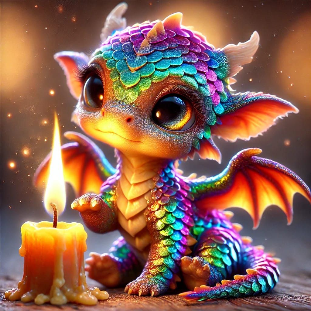 Cute Baby Rainbow Dragon Fascinated by a Candle